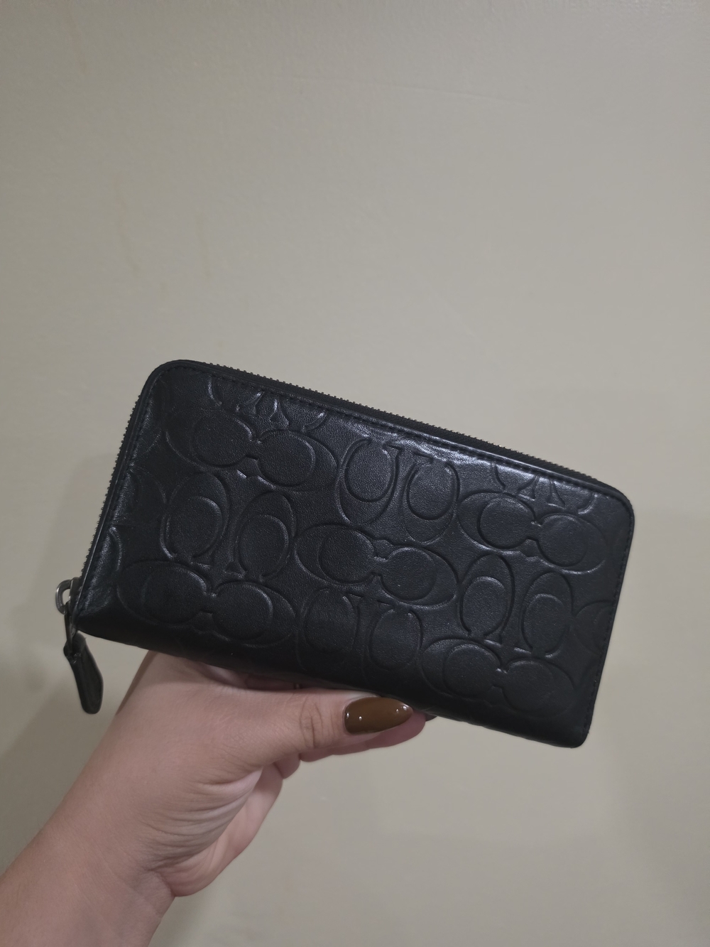 Black Embossed Leather Coach Zip Wallet